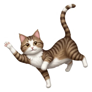 dark brown tabby and white cat with doing a big extremely long stretch reaching up into the air with arms and legs side by side together straight and overextended whilst lying on its side sticker