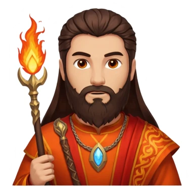 Vulcan, Fire God from Rome Mythology with long dark brown hair and beard, orange and red outfit, light tan skin sticker