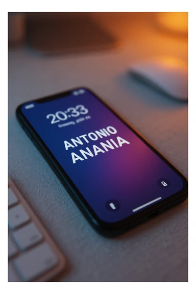 A photo of an iPhone on the desk with the message "Antonio Anania" on its screen, The phone sits atop a desk with a blurred background that suggests work environment. A faint glow from above casts gentle shadows across the surface of each object, creating depth and highlighting their textures sticker