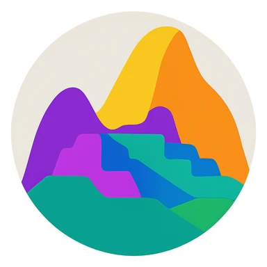 Transform the Machu Picchu logo into a circular badge shape, keeping the abstract vibrant color style and preserving the transparent background, emphasizing vibrant abstract colors and dynamic composition. sticker