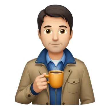 A handsome 45 year old white man with dark hair in a very foggy park drinking a cup of coffee sticker