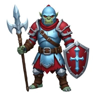 
Fantasy Christmas orc legion soldier icon, iron tundra army theme, heavy winter armor, disciplined brutal look, icy blue steel armor with deep crimson accents, frozen metal texture, cold winter atmosphere, clean readable emoji style
 sticker