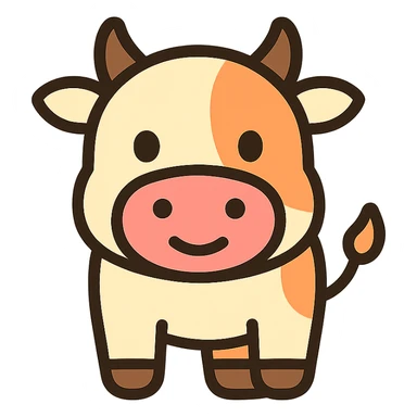cute cartoon cow icon, rounded shapes, friendly expression, small horns, modern icon style sticker