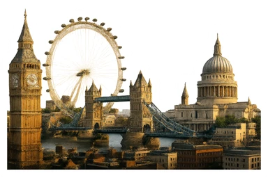 cinematic realistic emoji of London skyline featuring iconic landmarks Big Ben, London Eye, Tower Bridge, St. Paul's Cathedral, lifelike detail, accurate colors, bright lighting, wide city view, no sky, fully transparent background sticker