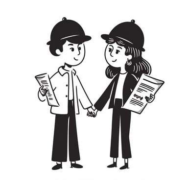 a couple holding hands, boyfriend with short brown hair, girlfriend with long brown curls, both wearing construction helmets and holding construction plans, hand drawn doodle style sticker