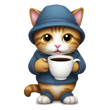 A cat with bonnet holding a cup of coffee sticker