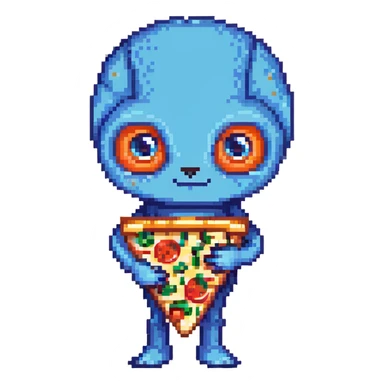 A blue alien with big eyes holding a pizza slice sticker