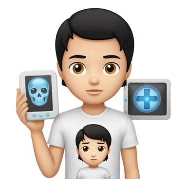 generate a pretty bratz emoji of a boy with black hair wearing a white tshirt and holding a cT sticker