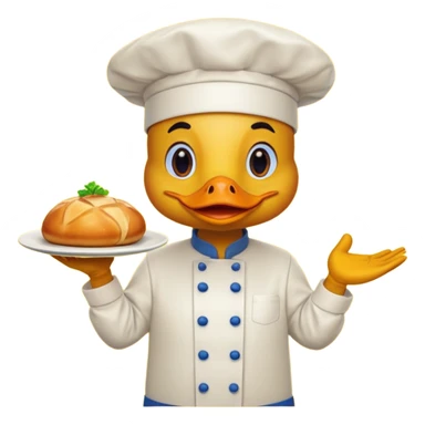 A duck in chef hat presenting a plate of fancy cuisine proudly wearing yellow apron sticker