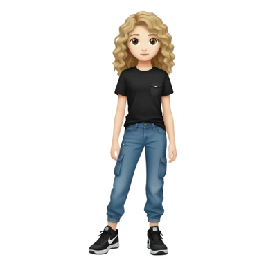 Ragazza di 13 anni con capelli mossi e vestita con dei jeans cargo e magl8a nera  con anche delli nike sticker