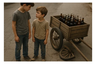 Bir g'ildiragi singan ichimliklar ortilgan arava uning yonida aka uka bir biriga havotirli nigoh bilan qarab turibdi realistik uslubda yuzi ko'rinmasin sticker