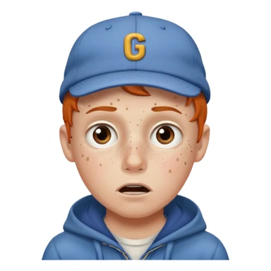 Um garoto branco, com a feição de assustado, usando um boné da Guccy sticker