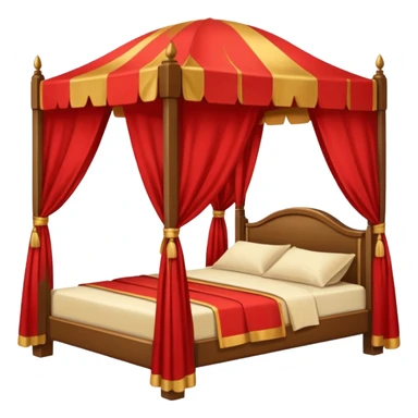 bed with red and gold sheets, wooden, canopy, simple sticker