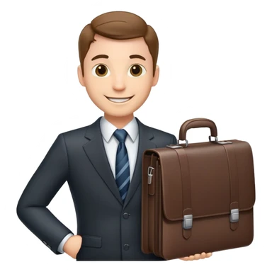 classic salesman with a suit and tie, smiling, holding a briefcase sticker