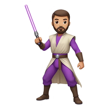 white man with dark brown beard and goatee  standing in a fighting pose holding a purple lightsaber  sticker