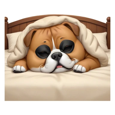 Cinematic Meme-Worthy Chubby Sleeping Boxer dog Portrait Emoji, Head resting peacefully with a contented smile, showcasing a delightfully chubby build and a luxuriously soft fawn coat with a striking black mask, eyes shut in a serene nap, Simplified yet hilariously adorable features, highly detailed, glowing with a soft, drowsy light, high shine, relaxed and utterly lovable, stylized with an air of playful laziness, bright and heartwarming, soft glowing outline, capturing the essence of a comically sleepy Boxer, so meme-worthy it feels like it could instantly become the next viral sensation of adorable slumber! sticker
