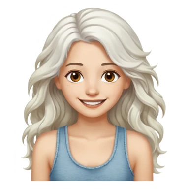 woman with wavy long white hair and brown eyes. smiling in a grunge tanktop. pale skin. sticker