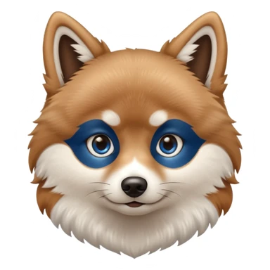 A Brown, light tan and white pomsky with one brown eye and one blue eye sticker