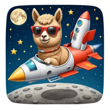 alpaca with sunglasses on rocket ship landing on the moon sticker