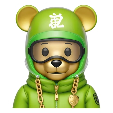 bearbrick wearing lime balaclava with graffiti logos where eye area is replaced by one continuous shield visor lens that's part of the mask, not separate eyewear, puffy coat with fur trim, gold chains sticker
