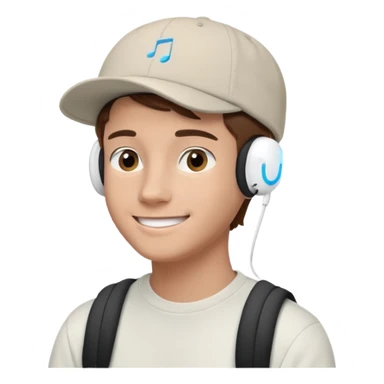 Only the head of a young guy with brown hair smiling with airpods in his ears and a cap on his head turned back. sticker