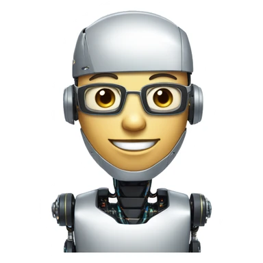 Robotic Cyborg head with fair skin, flat top haircut, rectangular glasses, circuits and smiling  sticker