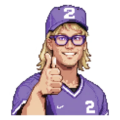 Man with black and white cap, purple sports jersey with number 32, clear glasses, light blond mullet hairstyle, thumbs up gesture sticker