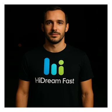 man wearing tshirt with this logo, dark night background with dim , add fast below logo, make man fit into image, add fast insead pf the dev keep rest same sticker
