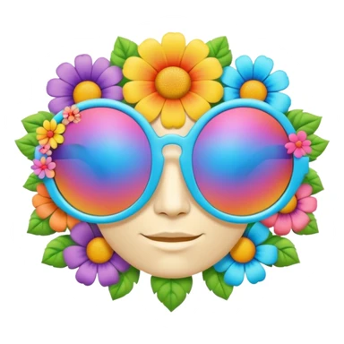 3D, psychedelic colored hippie sunglasses with hippie style flower border sticker