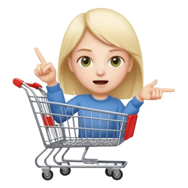 impulsive shopper: tiny face with excited eyes, finger on ‘buy’ button, small fast shopping cart with motion lines sticker