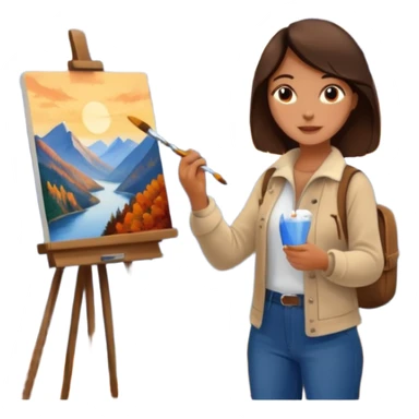 Brunette Artist painting a beautiful autumn mountain peak destination on canvas sticker