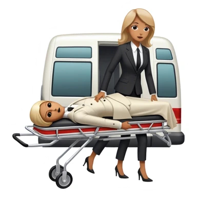 Woman in a suit pushing a stretcher with a dead body on it in to a funeral van  sticker