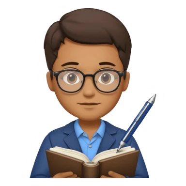 man hold a pen in hand write in book , wearing glasses sticker