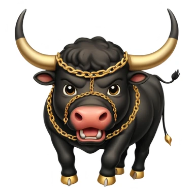 The emoji is an angry black powerful bull with steam coming out of its nose and a gold chain hanging from its neck with the inscription "bull run" sticker