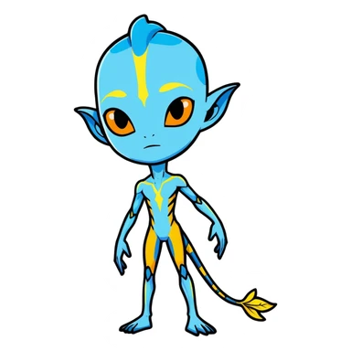 Na'vi character from Avatar movie, blue skin, bioluminescent markings, tall and slender, yellow eyes, cartoon sticker style sticker