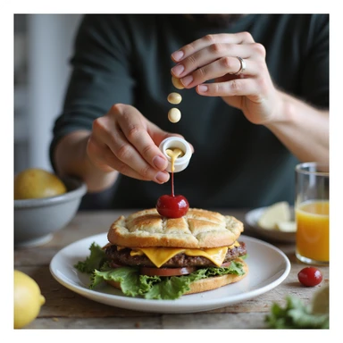 realistic image of a man or woman adding a dietary supplement on top of a healthy meal like a cherry on a cake, positive atmosphere, creative details, home environment sticker