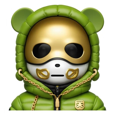 bearbrick in lime balaclava with logos where eye section is a single continuous dark visor lens integrated directly into the mask fabric, not additional eyewear, luxury puffy jacket with fur, gold chains sticker