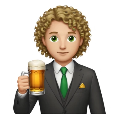 Male, wearing a suit, with a beer, fair complexion, green eyes, shoulder length dark blonde curly hair, bar slinger sticker