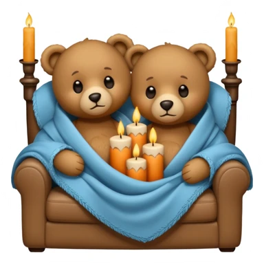 Two teddy bears cuddling wrapped in a blanket watching tv on couch with candles next to them sticker