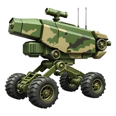 a 4-wheel armored camouflage army massive mech trail vehicle shooting forward side-hill leaning actively suspended pod gimbal enemy mech off-road racing rover with large fast engine  sticker