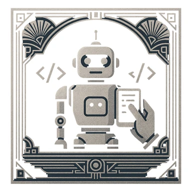 art deco logo of a robot being programmed, robot with code symbols, fan motifs, silver and navy, ornate border sticker