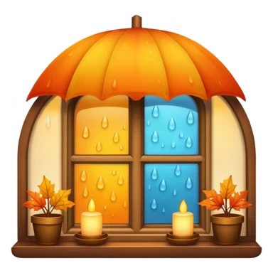 cozy home emoji with a window showing rainy weather, warm lights inside, and cool autumn shades sticker