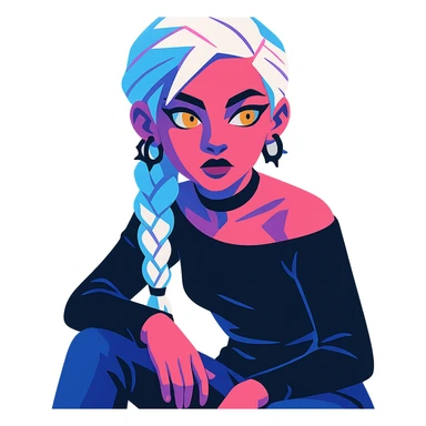 closeup portrait of young woman with gold yellow eyes, white hair in a long braid, black off-shoulder top, punk gothic style, futuristic cyberwave, sitting position sticker
