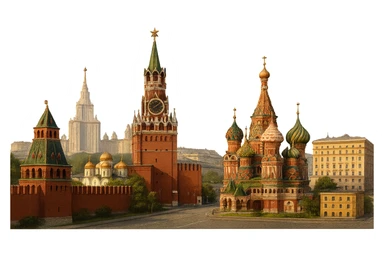 cinematic realistic emoji of Moscow city wide view featuring Kremlin, St. Basil's Cathedral, Moscow State University, FSB Headquarters Building (Lubyanka), lifelike detail, accurate colors, bright daytime lighting, no sky, no clouds, fully transparent background sticker