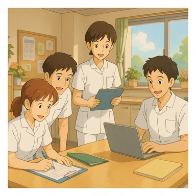 Group of four nursing students working together in a care station, white short-sleeve uniforms, medical tunics with V-neck and left chest pocket, no collar stand or stethoscopes, no fabric under sleeves, collaborative atmosphere, bright and welcoming care station decor, Ghibli style sticker