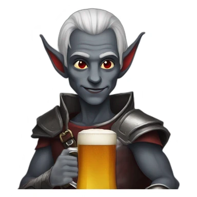 dark elf with gray skin and red eyes drinking beer sticker
