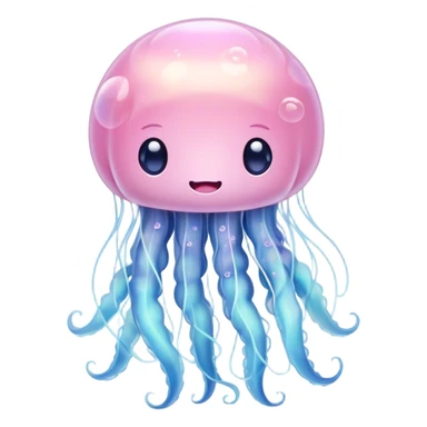 Cinematic floating kawaii jellyfish, tiny round body, soft glowing tentacles, pastel pink and blue hues, delicate sparkling highlights, dreamy and adorable. sticker