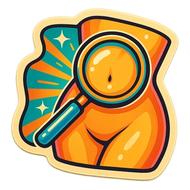 vibrant sticker showing a magnifying glass zooming in on the abdomen, with dynamic lines and a cheerful vibe sticker