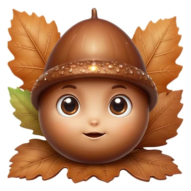 Cinematic tiny happy acorn, glossy brown, soft glowing highlights, tiny adorable face with big sparkly eyes, sitting on a pastel leaf, warm and cheerful. sticker