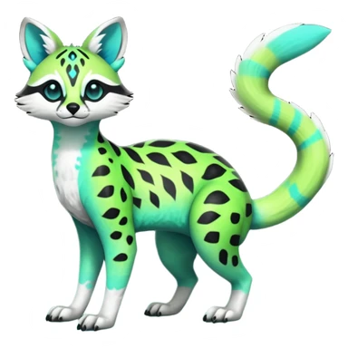 Rare realistic iridescent neon lime-green & cyan white black lush tropical exotic cute epic pretty beautiful handsome gorgeous aesthetic colorful vibrant Vernid-Protogen-Primagen-Wickerbeast-Genet-Trico-species-Fakemon-hybrid-creature by LiLaiRa, beautiful intricate markings, full body sticker